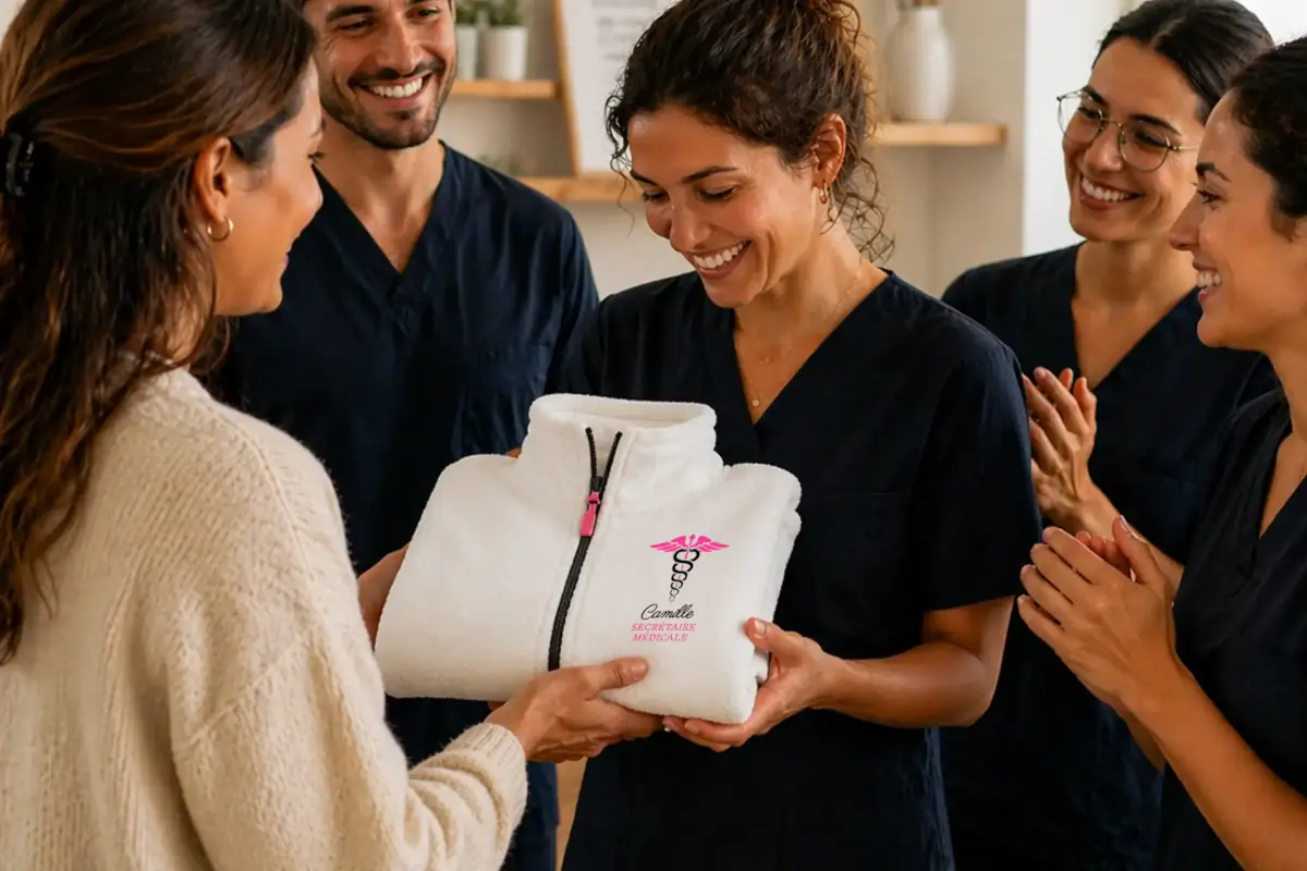 Cadeau équipe médicale avec polaire personnalisée pour soignants en cabinet médical et hôpital